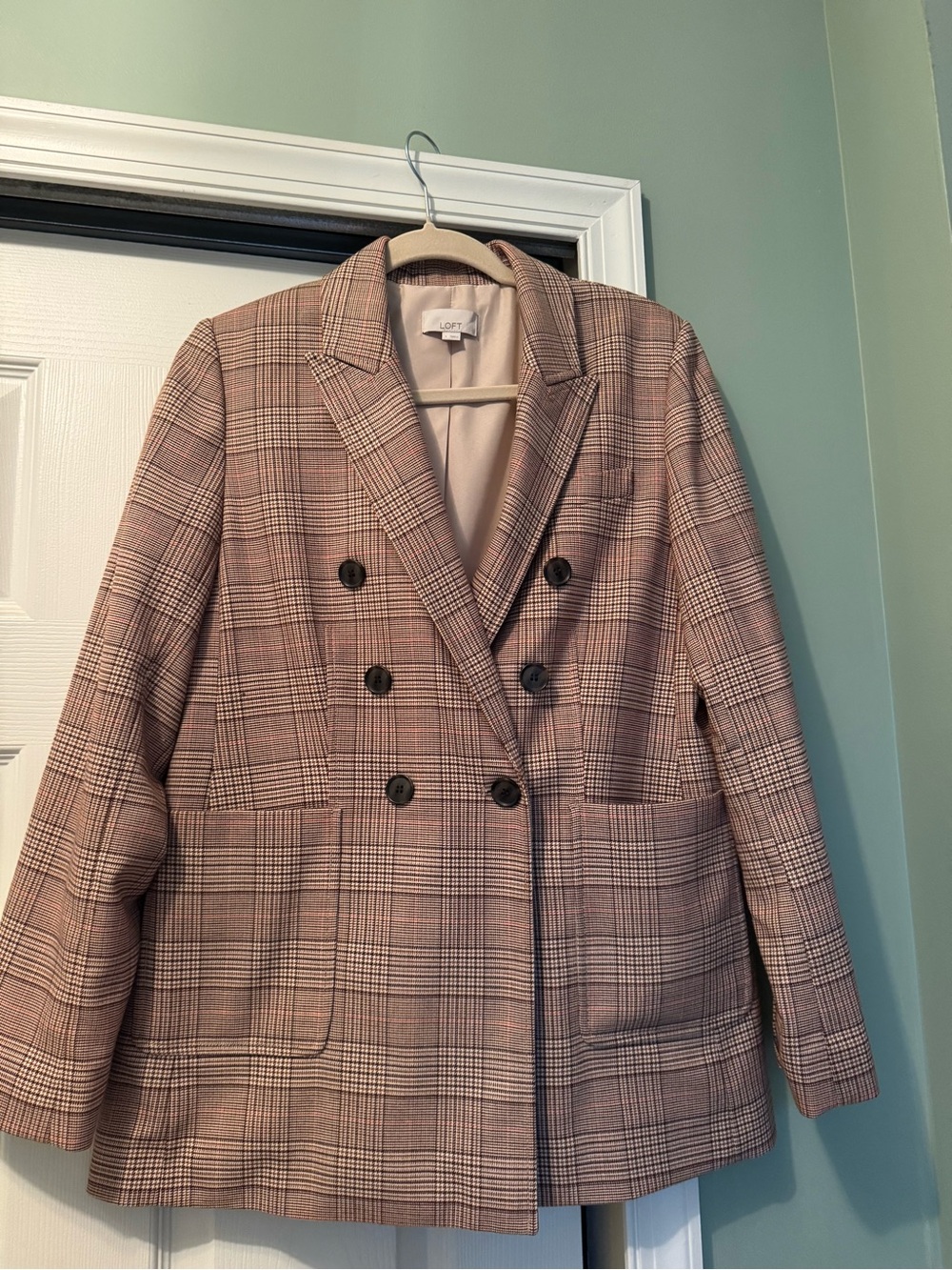 LOFT Double-Breasted Plaid Blazer Jacket in Pink and Brown Plaid
